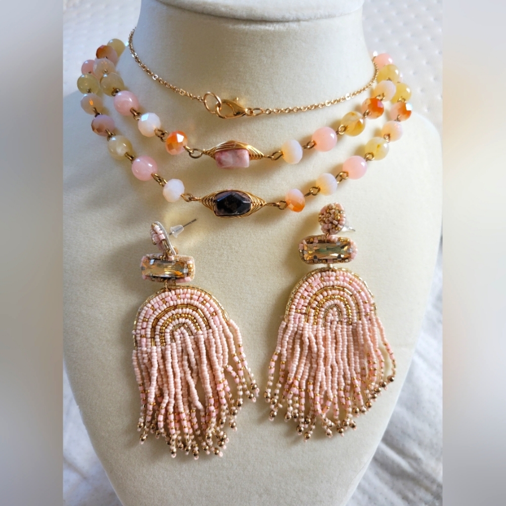 Persimmon Pink Beaded Tassel Statement Earrings & Stone Beaded Necklace Set
